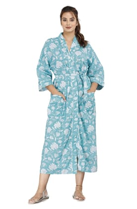 SHOOLIN Floral Pattern Kimono Robe Long Bathrobe For Women ||Women's Cotton Kimono Robe Long - Floral ||3/4 Sleeve And Calf Length Kimono For Women's (Sea Blue)