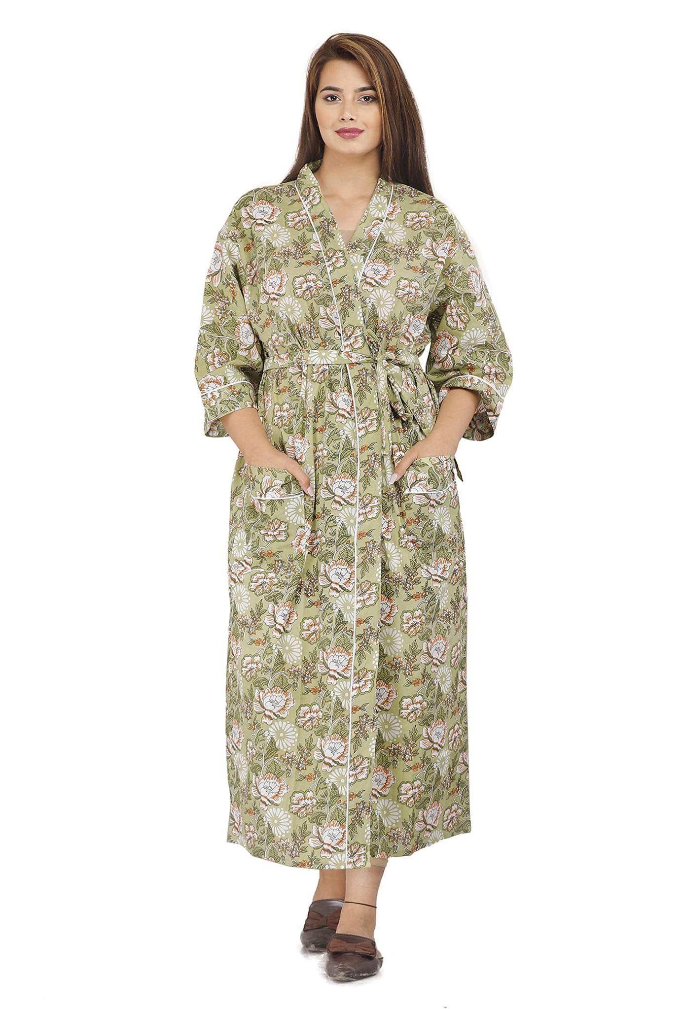 SHOOLIN Floral Pattern Kimono Robe Long Bathrobe For Women ||Women's Cotton Kimono Robe Long - Floral ||3/4 Sleeve And Calf Length Kimono For Women's (Mahendi)