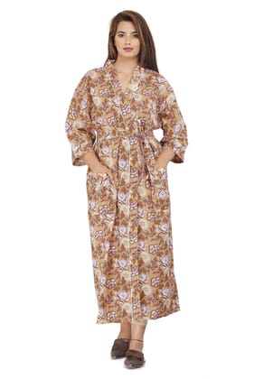 SHOOLIN Floral Pattern Kimono Robe Long Bathrobe For Women ||Women's Cotton Kimono Robe Long - Floral ||3/4 Sleeve And Calf Length Kimono For Women's (Light Brown Design 2)