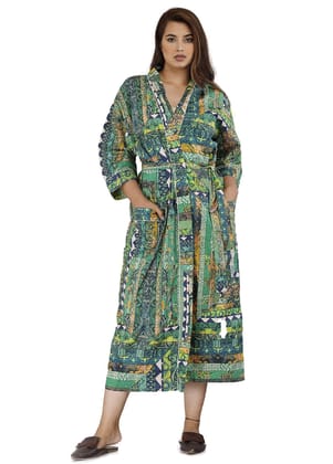SHOOLIN Floral Pattern Kimono Robe Long Bathrobe For Women ||Women's Cotton Kimono Robe Long - Floral ||3/4 Sleeve And Calf Length Kimono For Women's (Dark Green)