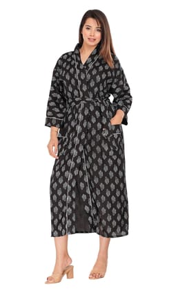 SHOOLIN Printed Kimono Robe Long Bathrobe for Women| Women Cotton Kimono Robe Long Floral| 3/4 Sleeve Kimono for Women Black