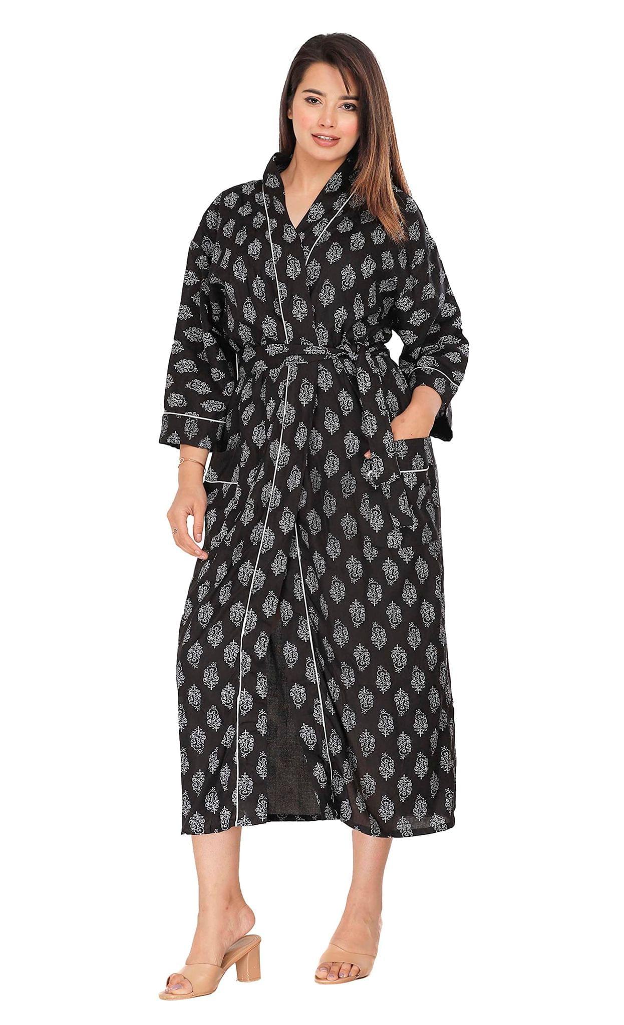 SHOOLIN Printed Kimono Robe Long Bathrobe for Women| Women Cotton Kimono Robe Long Floral| 3/4 Sleeve Kimono for Women Black