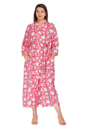 SHOOLIN Printed Kimono Robe Long Bathrobe for Women| Women Pure Cotton Kimono Robe Long - Floral| 3/4 Sleeve Kimono for Women Pink