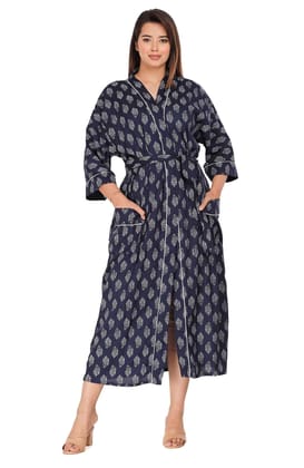 SHOOLIN Printed Kimono Robe Long Bathrobe for Women| Women Cotton Kimono Robe Long - Floral| 3/4 Sleeve Kimono for Womens Dark Blue