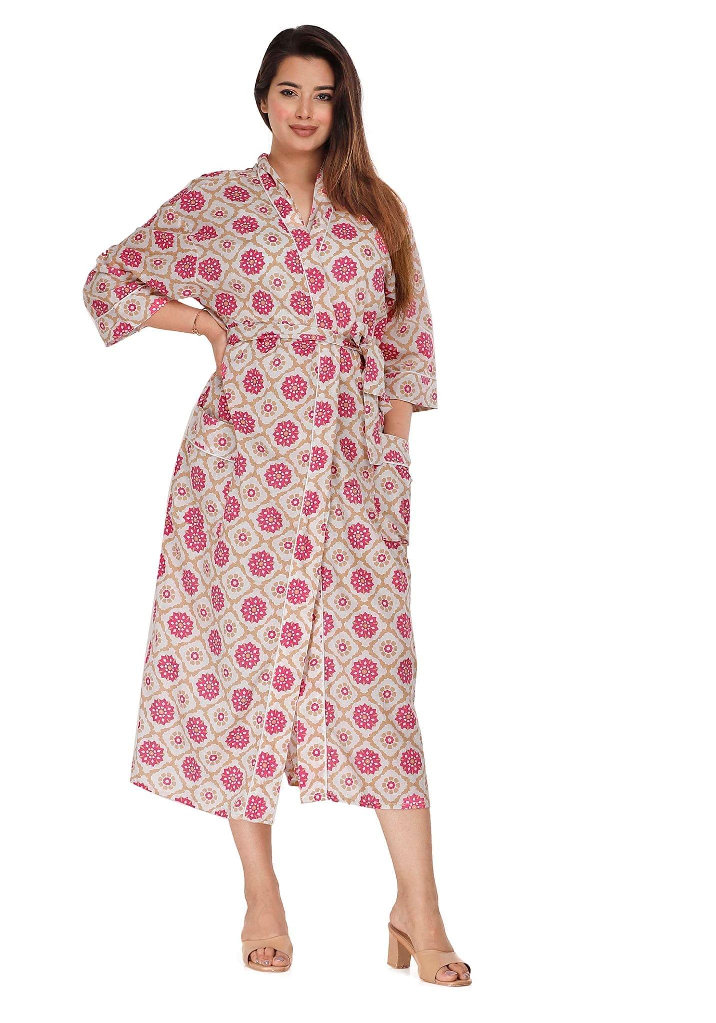SHOOLIN Printed Kimono Robe Long Bathrobe For Women| Women Cotton Kimono Robe Long - Floral| 3/4 Sleeve Kimono For Women