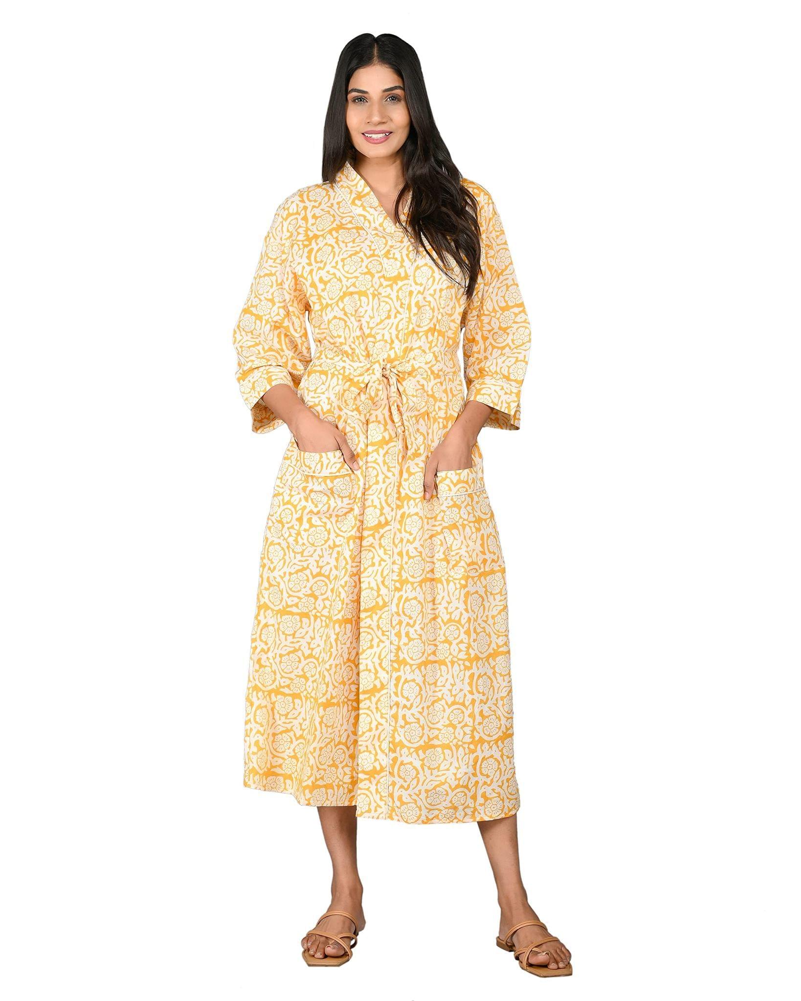 Kimono Robe, Floral Yukata, Spa, Yellow | Saffron Marigold