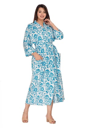 SHOOLIN Printed Kimono Robe Long Bathrobe for Women| Women Cotton Kimono Robe Long - Floral| 3/4 Sleeve Kimono for Women Blue