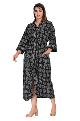 SHOOLIN Printed Kimono Robe Long Bathrobe for Women| Women Cotton Kimono Robe Long - Floral| 3/4 Sleeve Kimono for Women Black