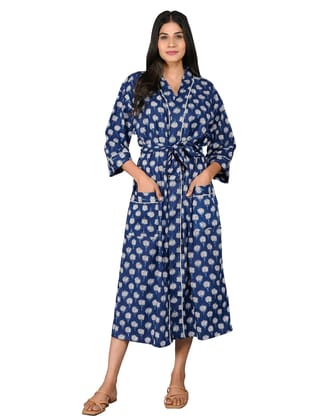 SHOOLIN Printed Kimono Robe Long Bathrobe For Women| Women Cotton Kimono Robe Long - Floral, 3/4 Sleeve Kimono For Women (Blue)