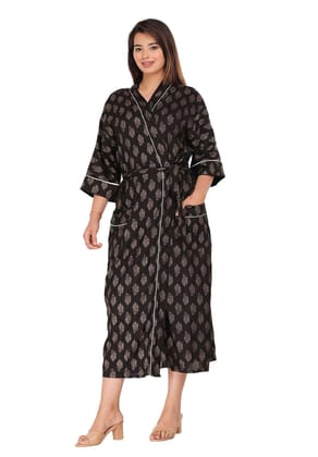 SHOOLIN Printed Kimono Robe Long Bathrobe for Women| Women Cotton Kimono Robe Long - Floral| 3/4 Sleeves Kimono for Women Black