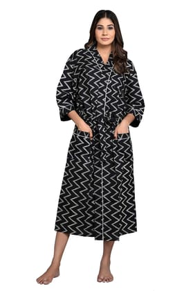 SHOOLIN Black Pure Cotton Printed Kimono Nightdress for Women
