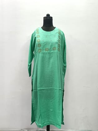 Shazo Fashion  Women's Cotton Rayon Mix Fabric Handwork Straight Kurta with Side Slit  Green