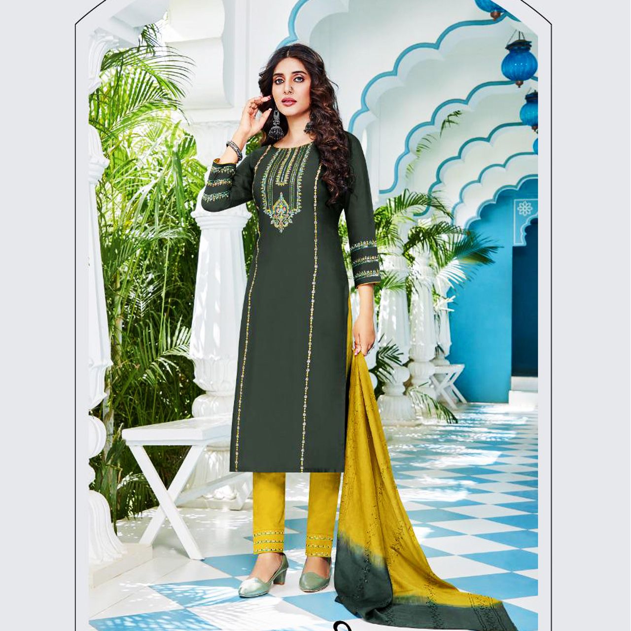 Talk By Fashion Women Premium Rayon Kurti with Pants Dupatta Set Olive Green