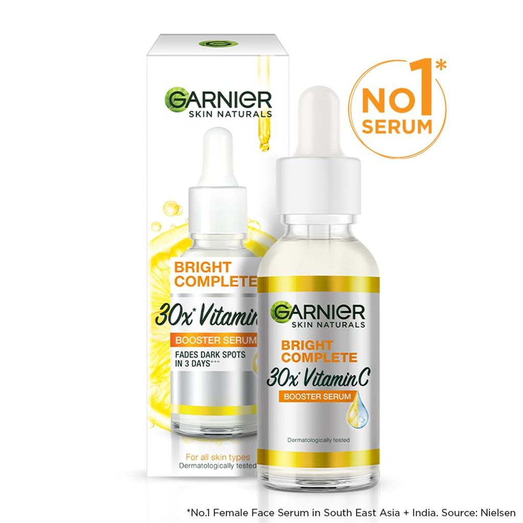 Garnier Skin Naturals, Face Serum, Increases Skin's Glow Instantly And Reduces Spots Overtime, Bright Complete Vitamin C Booster, 30 Ml