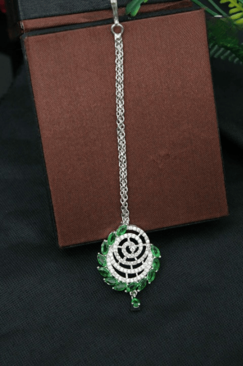 Party wear Green Cz Silver Plated Maangtika For Girls & Women