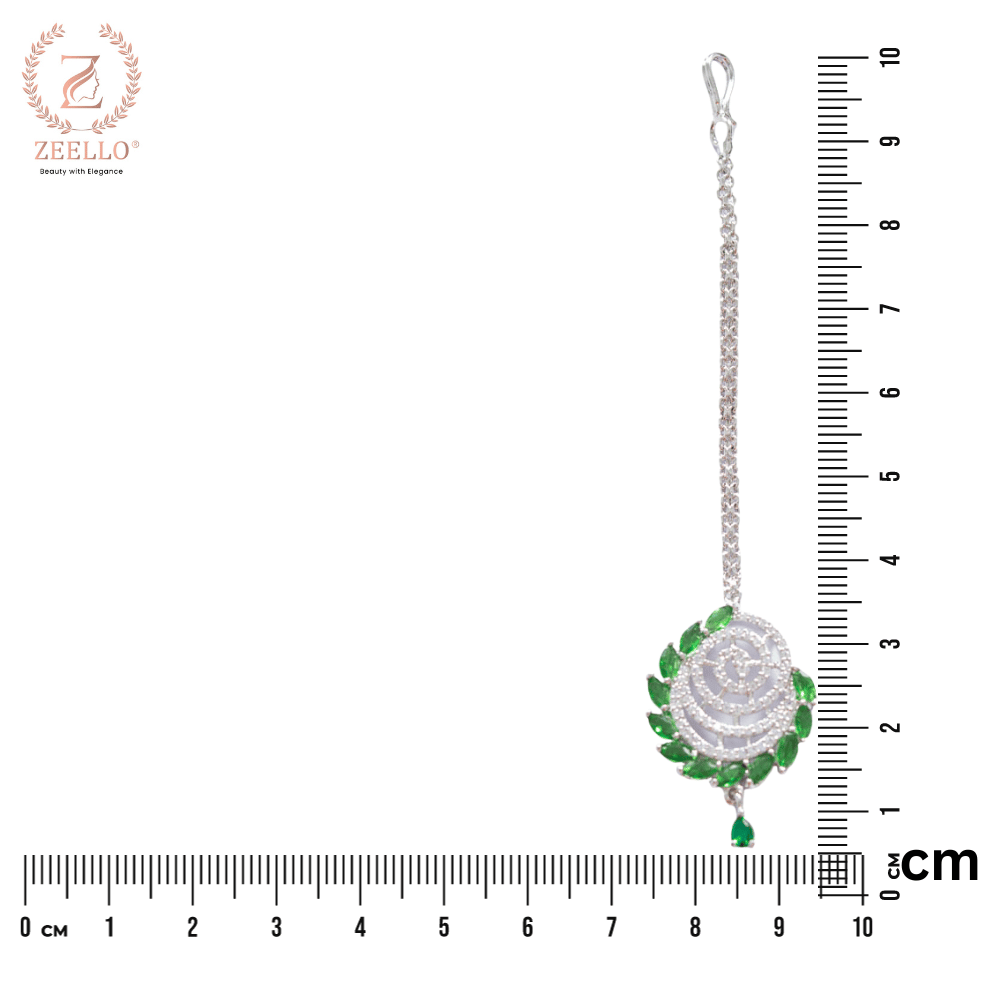 Party wear Green Cz Silver Plated Maangtika For Girls & Women