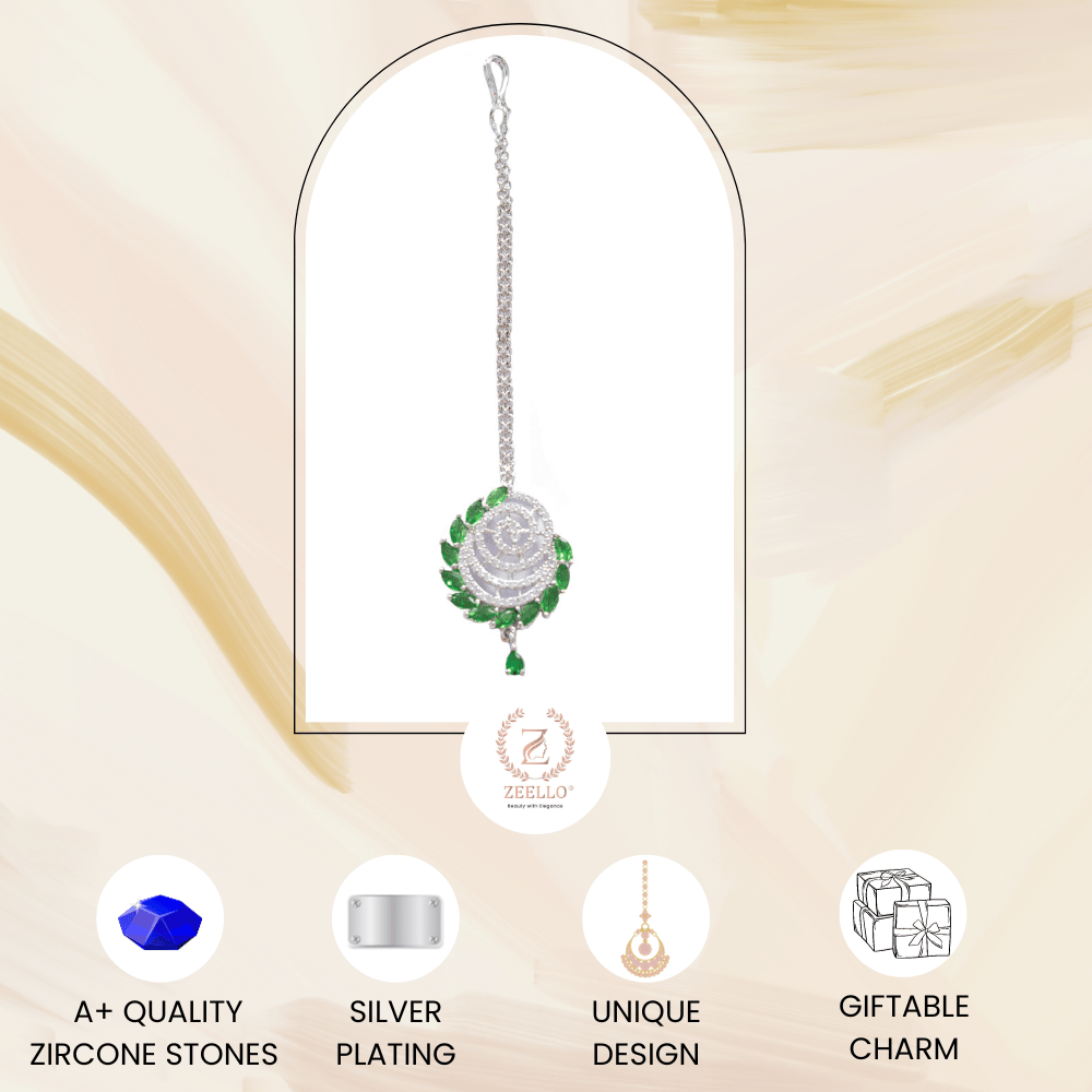 Party wear Green Cz Silver Plated Maangtika For Girls & Women