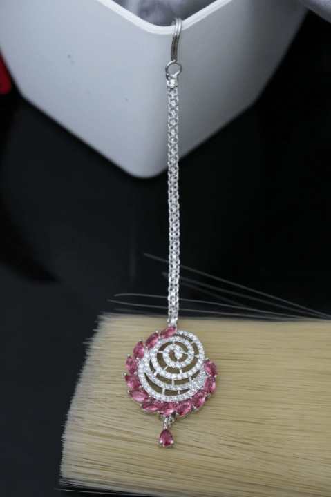 Silver plate Red Floral Maangtika For Girls & Women