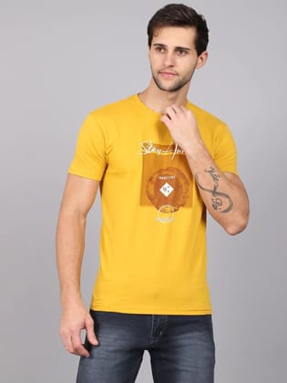 Rodamo  Men Yellow Typography Printed Slim Fit Cotton T-shirt