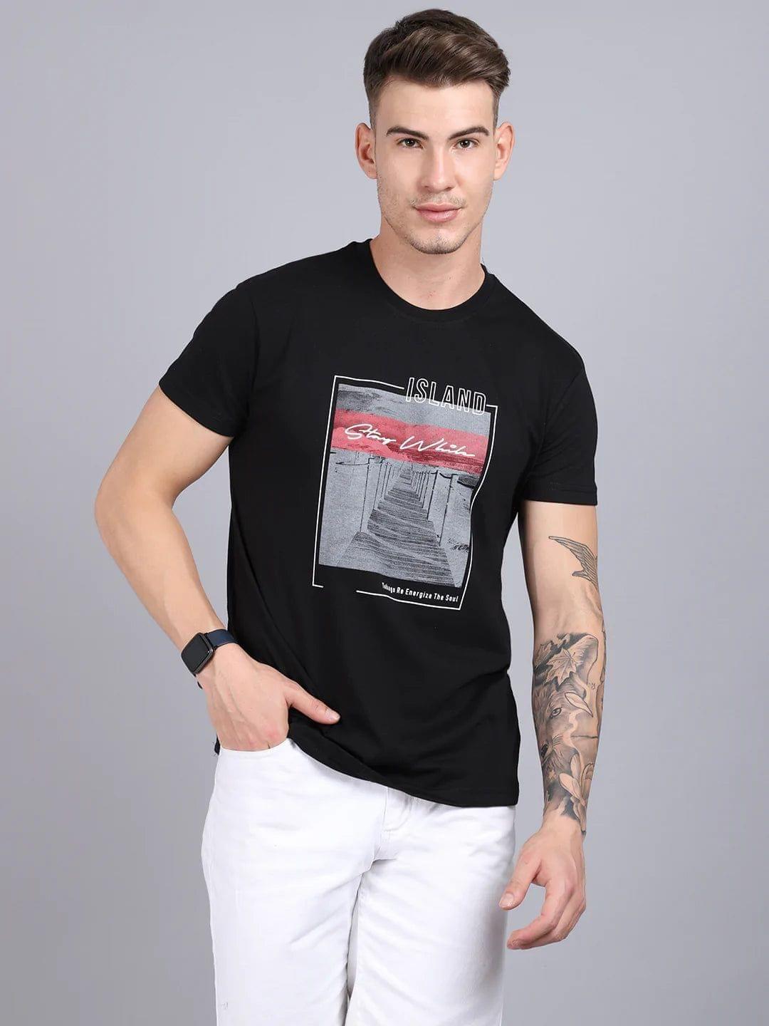 Rodamo  Men Black Printed Cotton Slim Fit T-shirt