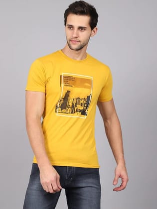 Rodamo  Men Yellow Printed Slim Fit Round Neck  T-shirt