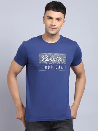 Rodamo  Men Blue  White Typography Printed Slim Fit Cotton T-shirt