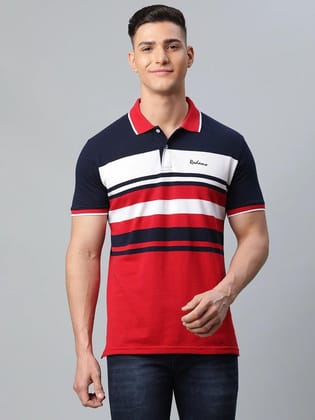 Rodamo  Men Red  Black Striped Polo Collar Slim Fit T-shirt