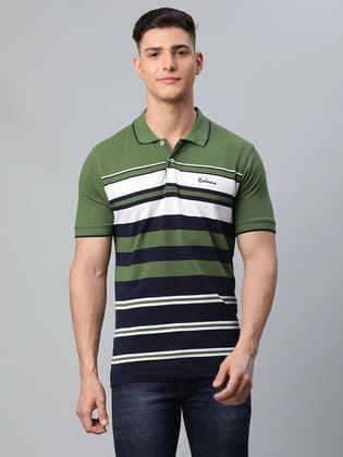 Rodamo  Men Olive Green  Black Striped Polo Collar Slim Fit T-shirt
