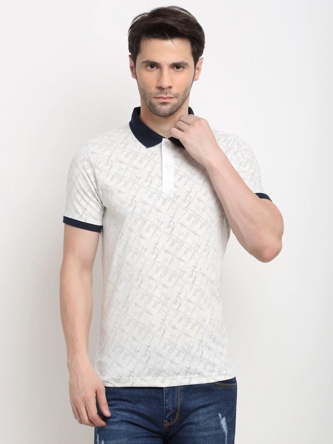 Rodamo  Men White  Black Printed Polo Collar Slim Fit T-shirt