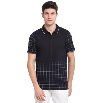 Rodamo  Men Navy Blue  White Checked Polo Collar T-shirt