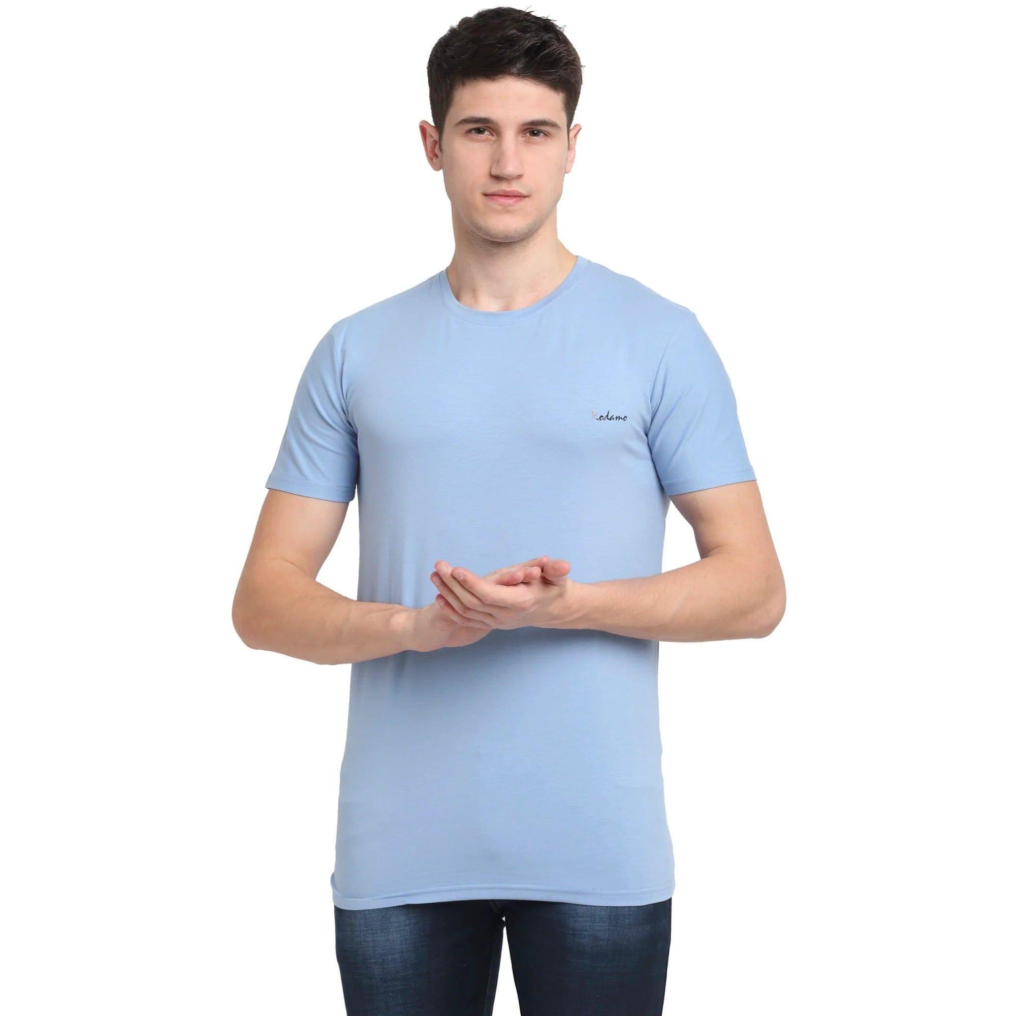 Rodamo  Men Blue Solid Round Neck T-shirt