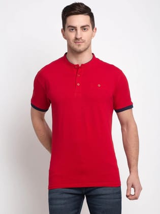 Rodamo  Men Red Solid Henley Neck T-shirt