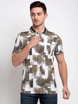 Rodamo  Men White  Olive Green Printed Polo Collar T-shirt