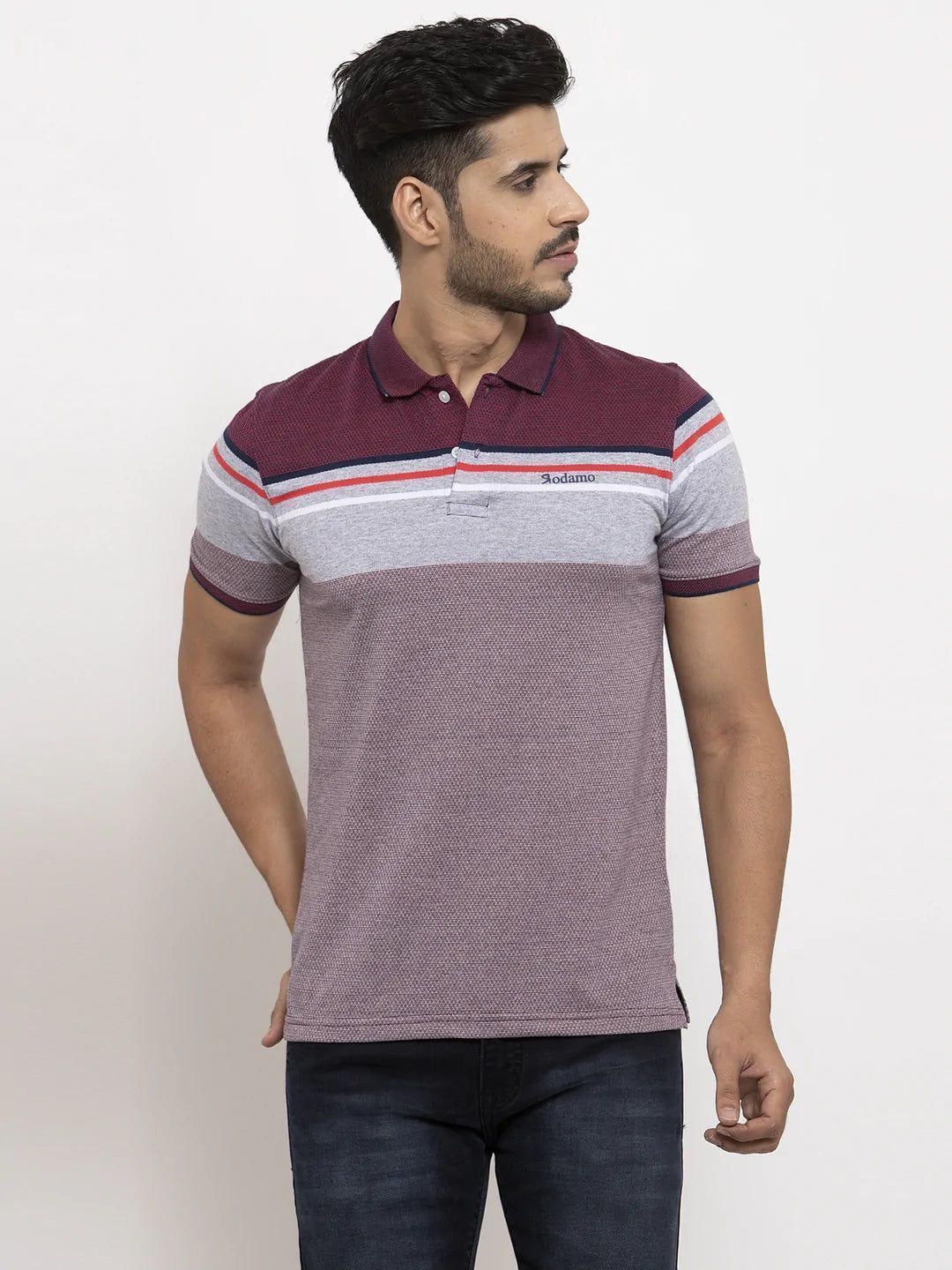 Rodamo Men Maroon  Grey Slim Fit Striped Polo Collar T-shirt