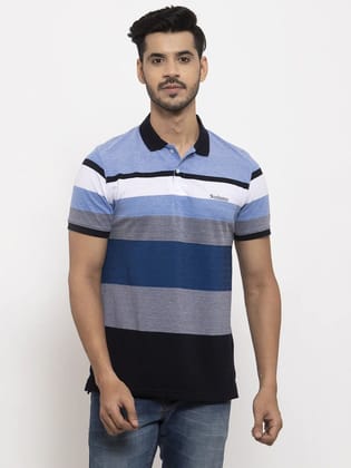 Rodamo Men Grey  Blue Striped Polo Collar T-shirt