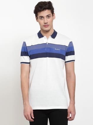 Rodamo Men White  Blue Striped Polo Collar T-shirt