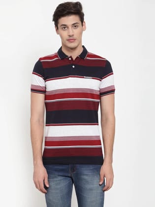Rodamo Men Maroon  Navy Blue Striped Polo Collar T-shirt