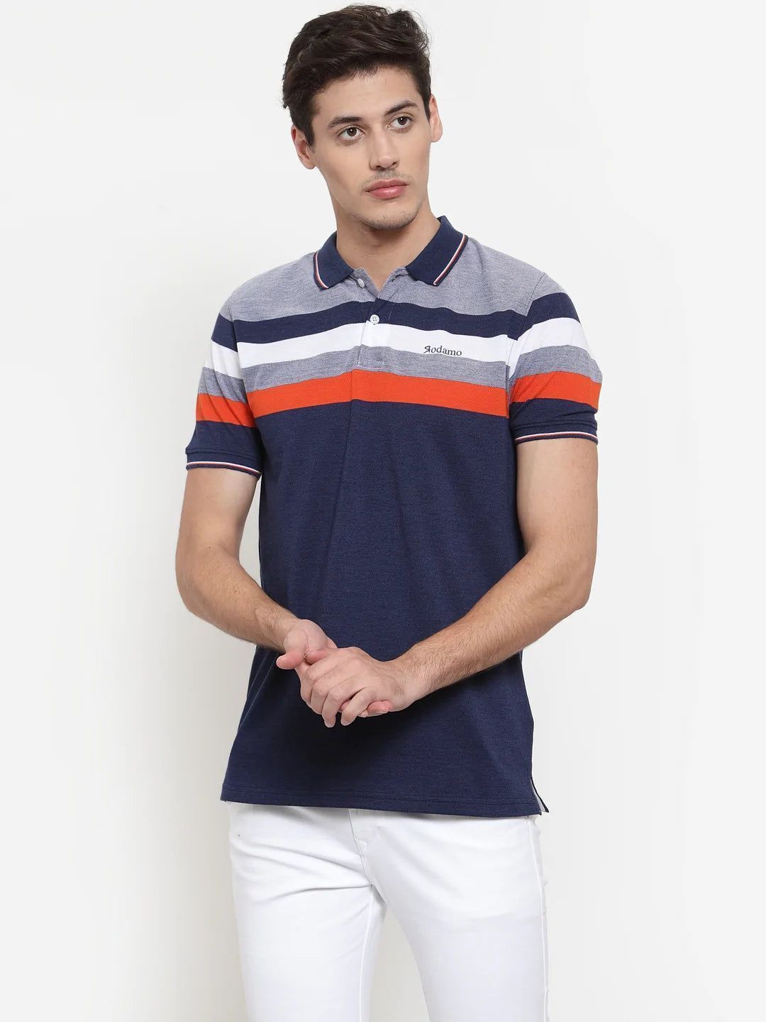 Rodamo Men Navy Blue Striped Polo Collar T-shirt
