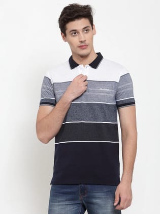 Rodamo Men Grey  Navy Striped Polo Collar T-shirt