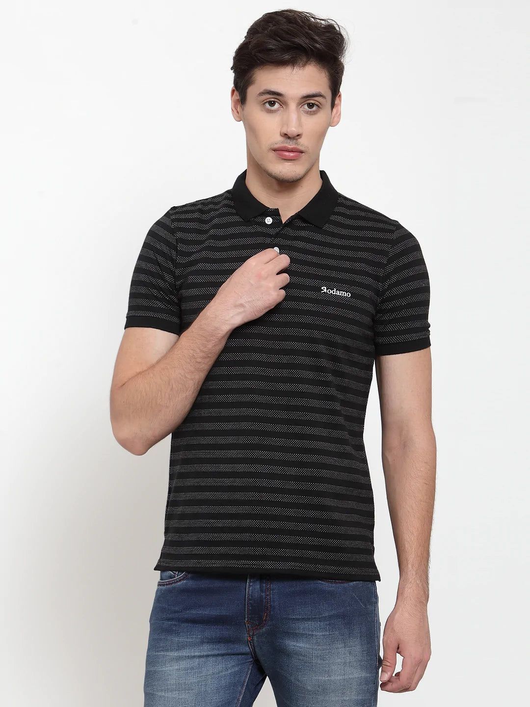 Rodamo Men Black  White Striped Polo Collar T-shirt