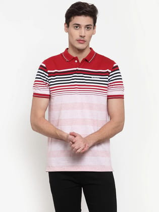 Rodamo Men Red  Pink Striped Polo Collar T-shirt