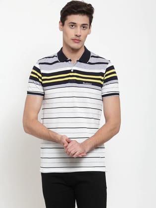 Rodamo Men White  Grey Striped Polo Collar T-shirt