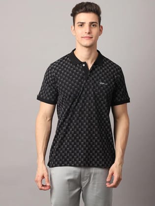 Rodamo  Men Black Printed Polo Collar Slim Fit Cotton T-shirt