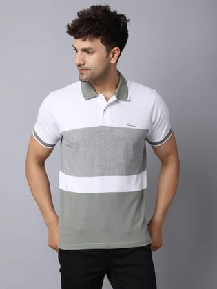 Rodamo  Men White  Grey Striped Polo Collar Slim Fit T-shirt