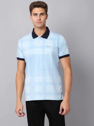 Rodamo  Men Blue  sand Checked Polo Collar Slim Fit T-shirt