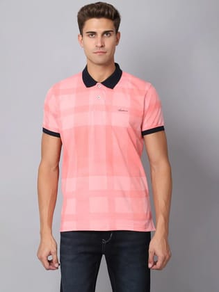 Rodamo  Men Pink  impatiens pink Checked Polo Collar Slim Fit T-shirt