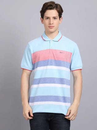 Rodamo  Men Blue Striped Polo Collar Slim Fit T-shirt