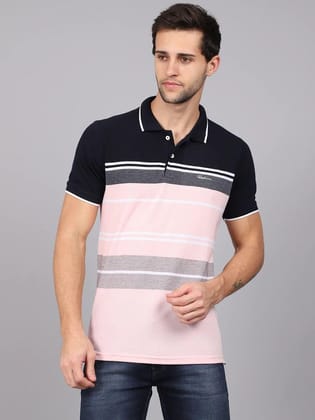 Rodamo  Men Pink  Black Striped Polo Collar Slim Fit T-shirt