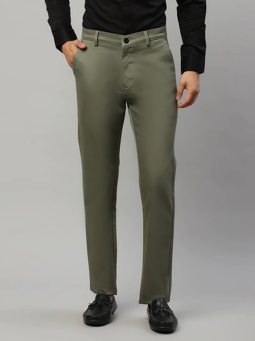 Rodamo  Men Olive Green Solid Slim Fit Regular Trousers