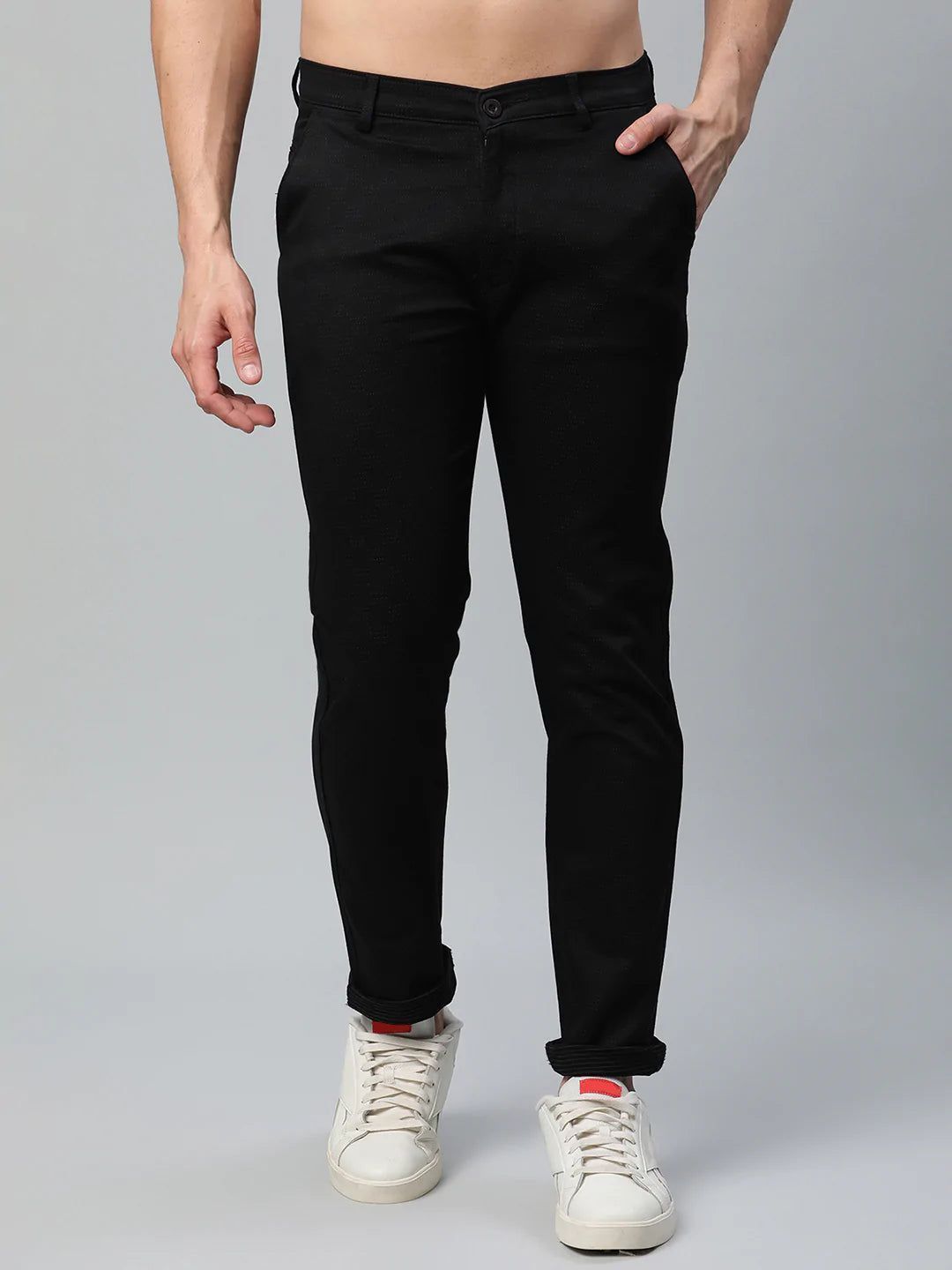 Rodamo  Men Black Solid Slim Fit Mid-Rise Trousers